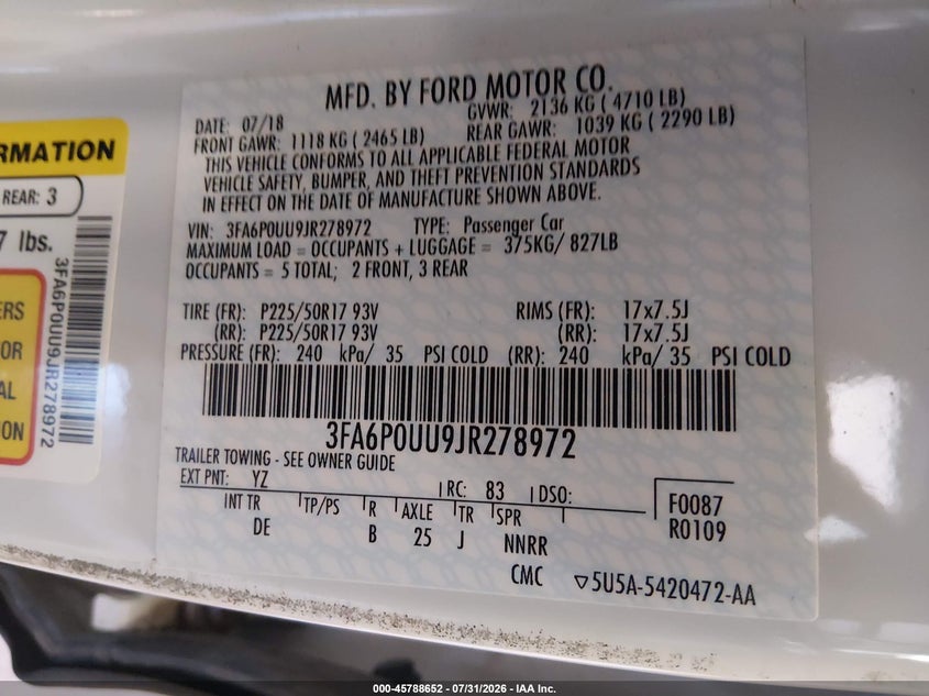 2018 Ford Fusion VIN 3FA6P0UU9JR278972 IAAI salvage auction — FRONT END, SF97 (Arkansas), sold $10,225 on 2026-09-03 (photo 9)