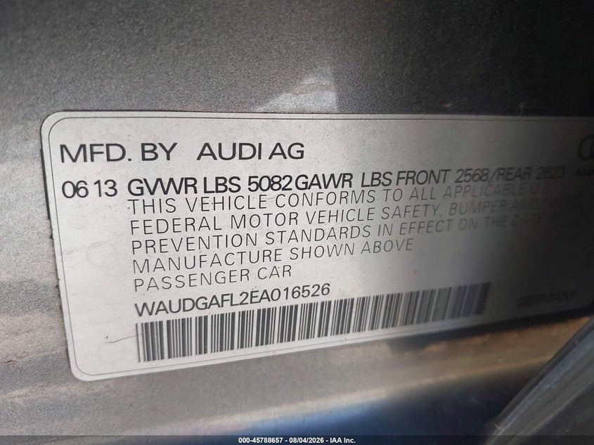 2014 Audi S4 VIN WAUDGAFL2EA016526 IAAI salvage auction — FRONT END, Salvage Title, sold $3,650 on 2026-08-22 (photo 9)