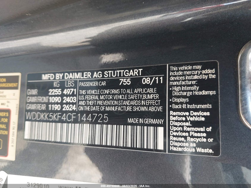 2012 Mercedes-benz E-klasse VIN WDDKK5KF4CF144725 IAAI salvage auction — FRONT END, Bill Of Sale (Georgia), sold $2,800 on 2026-08-21 (photo 9)
