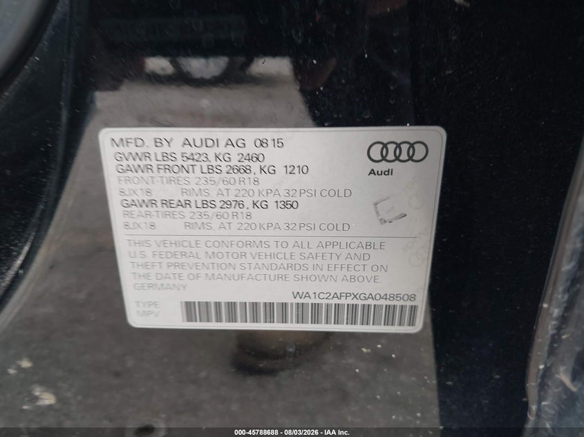 2016 Audi Q5 VIN WA1C2AFPXGA048508 IAAI salvage auction — LEFT FRONT, Salvage (Georgia), sold $1,650 on 2026-09-10 (photo 9)