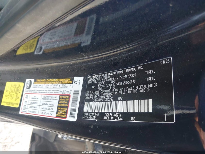 2026 Toyota Highlander VIN 5TDAAAB5XTS122298 IAAI salvage auction — HAIL, Salvage (Colorado), sold $35,850 on 2026-09-22 (photo 9)
