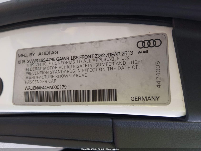 2017 Audi A4 VIN WAUENAF44HN000179 IAAI salvage auction — FRONT END, Salvage Title, sold $7,000 on 2026-09-05 (photo 9)