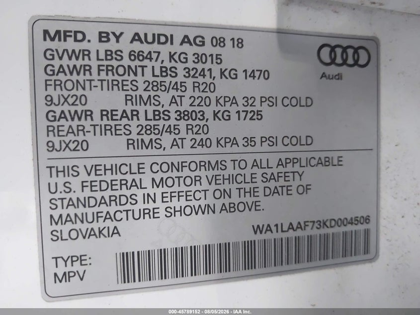 2019 Audi Q7 VIN WA1LAAF73KD004506 IAAI salvage auction — REAR END, Salvage Title, sold $14,450 on 2026-08-26 (photo 9)