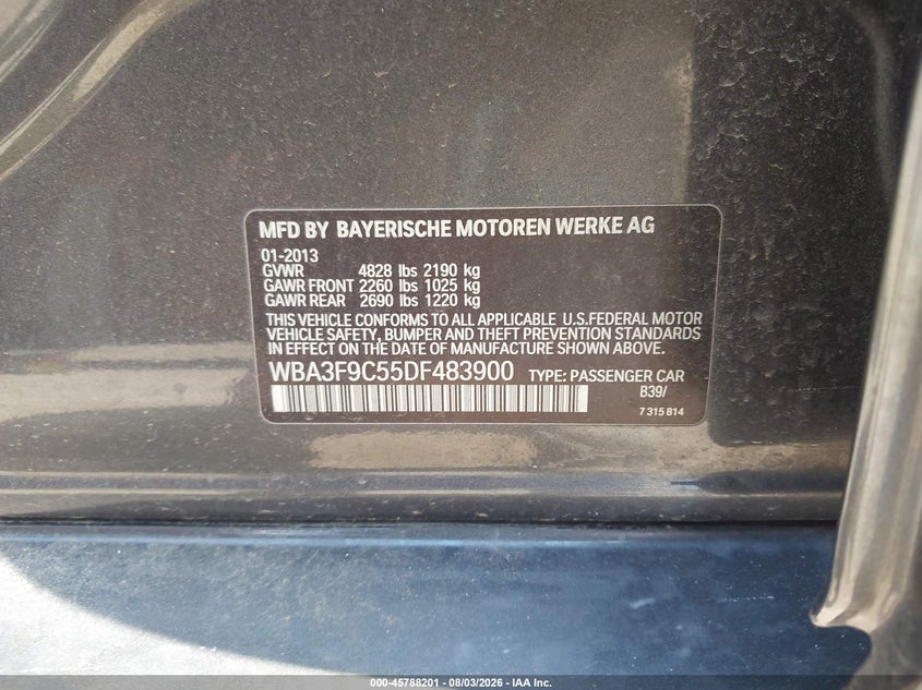 2013 BMW 3er VIN WBA3F9C55DF483900 IAAI salvage auction — NORMAL WEAR, Original (Texas), sold $2,150 on 2026-08-19 (photo 9)