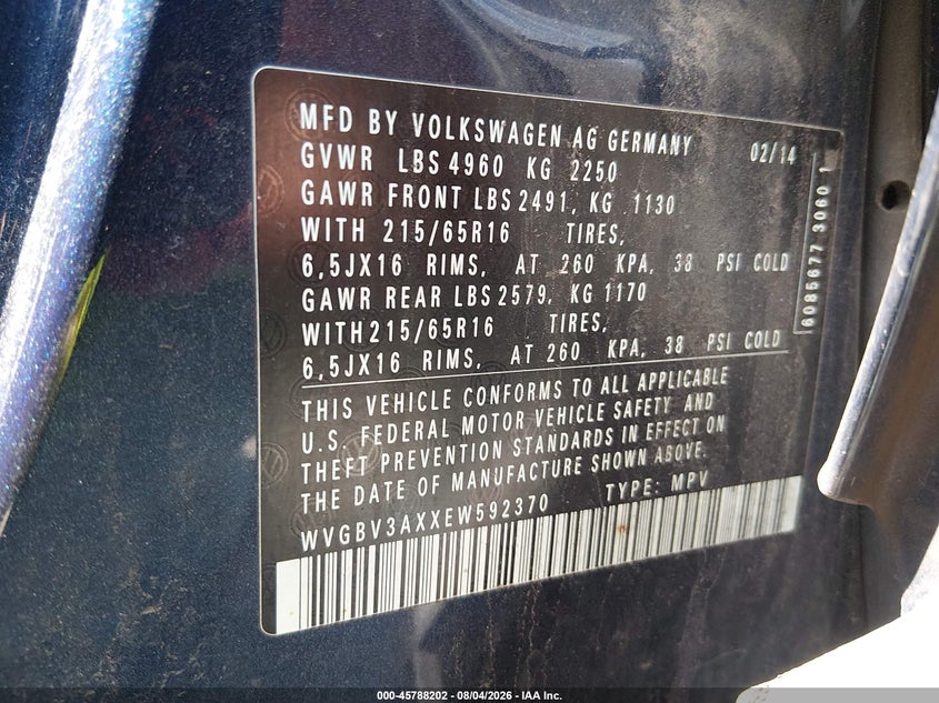 2014 Volkswagen Tiguan VIN WVGBV3AXXEW592370 IAAI salvage auction — NORMAL WEAR, Clear (New Jersey), sold $25 on 2026-08-13 (photo 9)