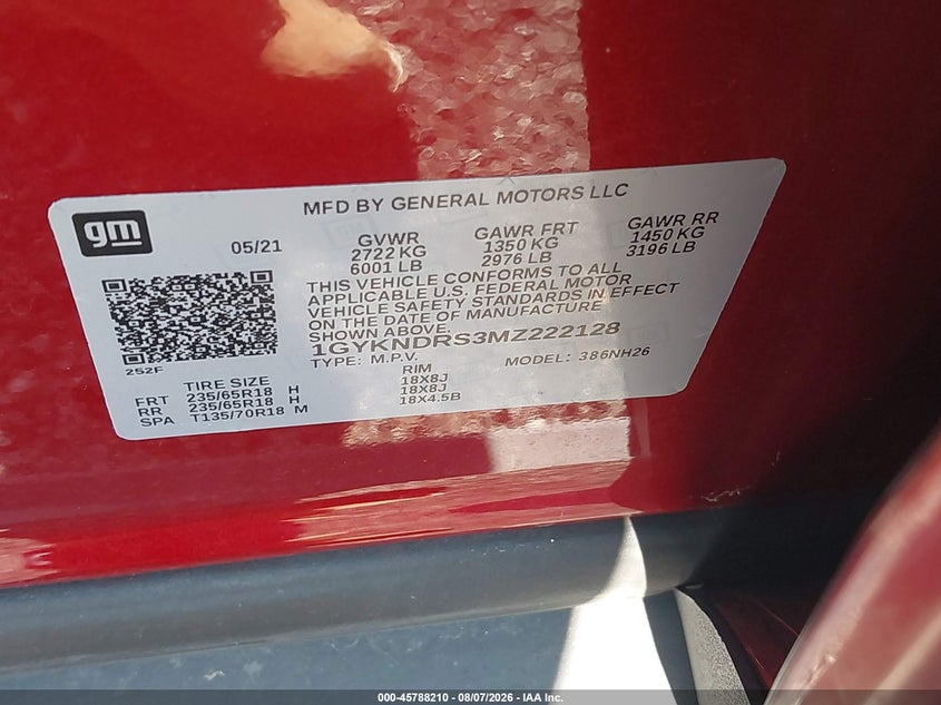 2021 Cadillac Xt5 VIN 1GYKNDRS3MZ222128 IAAI salvage auction — RIGHT FRONT, Salvage - 75% Or Less (Maryland), sold $8,000 on 2026-08-24 (photo 9)