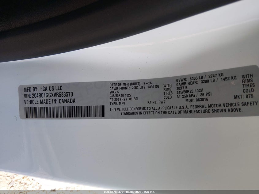 2027 Chrysler Pacifica VIN 2C4RC1GGXVR583570 IAAI salvage auction — FRONT END, Enterprise Vehicles Clear Only (Texas), sold $32,600 on 2026-08-23 (photo 9)