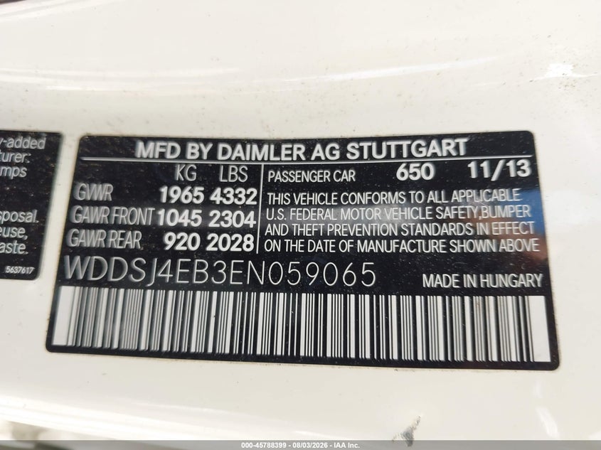 2014 Mercedes-benz Cla-klasse VIN WDDSJ4EB3EN059065 IAAI salvage auction — NORMAL WEAR, Clear (Georgia), sold $1,900 on 2026-08-13 (photo 9)
