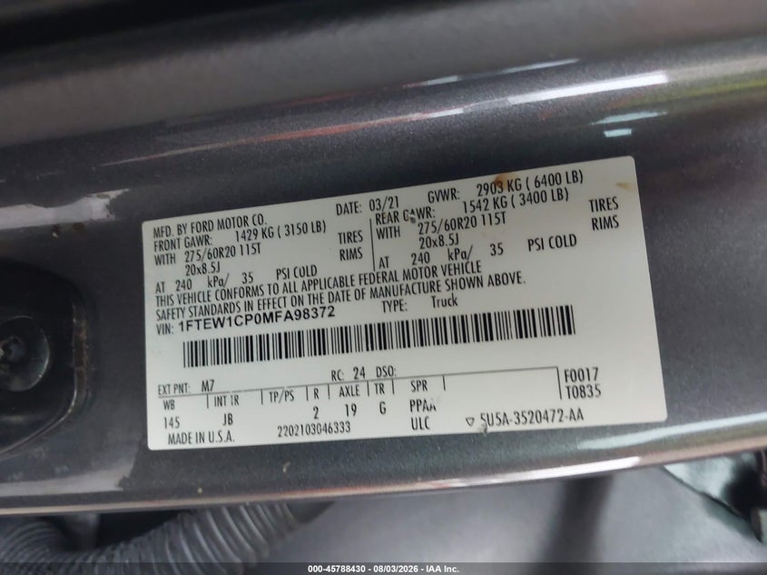 2021 Ford F-150 VIN 1FTEW1CP0MFA98372 IAAI salvage auction — Right Front, Salvage, sold $7,375 on 2026-10-21 (photo 9)