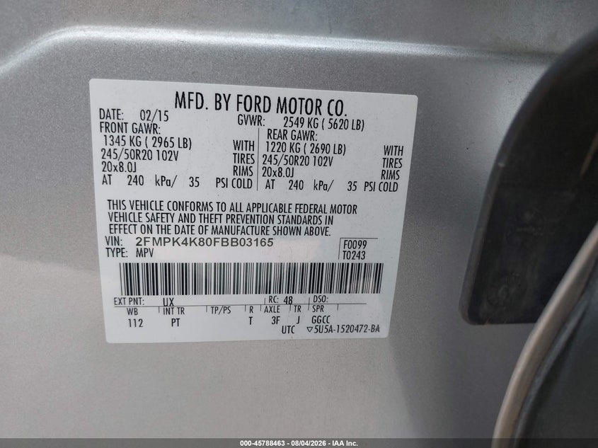2015 Ford Edge VIN 2FMPK4K80FBB03165 IAAI salvage auction — LEFT FRONT, Original (Texas), sold $1,450 on 2026-09-02 (photo 9)