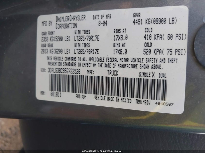 2005 Dodge Ram 3500 VIN 3D7LS38C85G722526 IAAI salvage auction — FRONT END, Bill Of Sale (Washington), sold $7,000 on 2026-08-26 (photo 9)