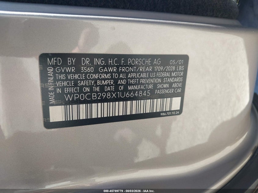 2001 Porsche Boxster VIN WP0CB298X1U664845 IAAI salvage auction — NORMAL WEAR, Clear (California), sold $500 on 2026-08-07 (photo 9)