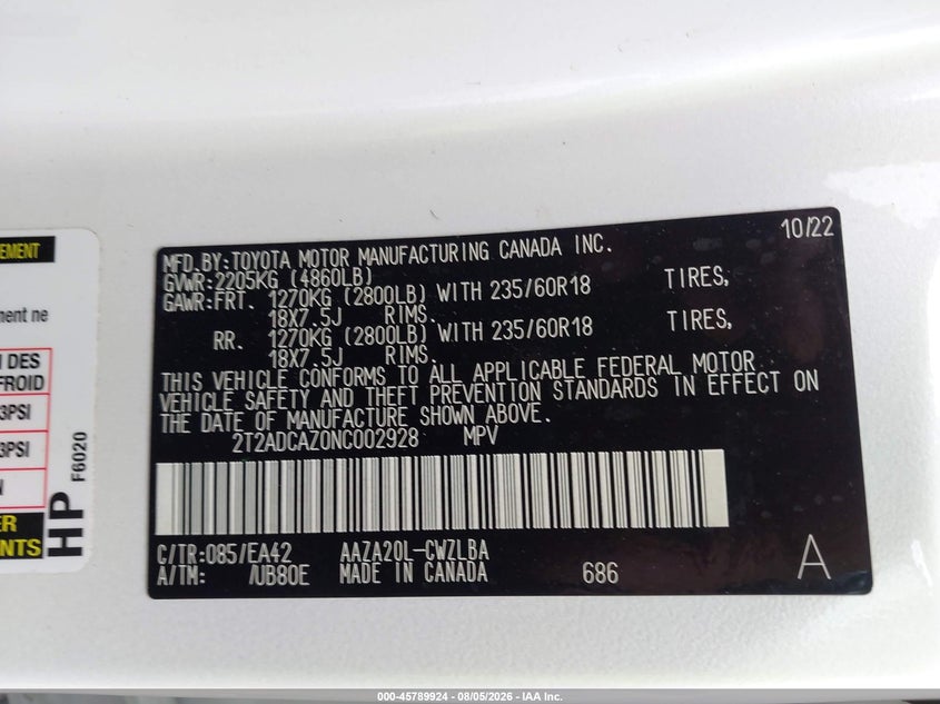 2022 Lexus Nx VIN 2T2ADCAZ0NC002928 IAAI salvage auction — LEFT REAR, Wait Title, sold $18,300 on 2026-09-21 (photo 9)
