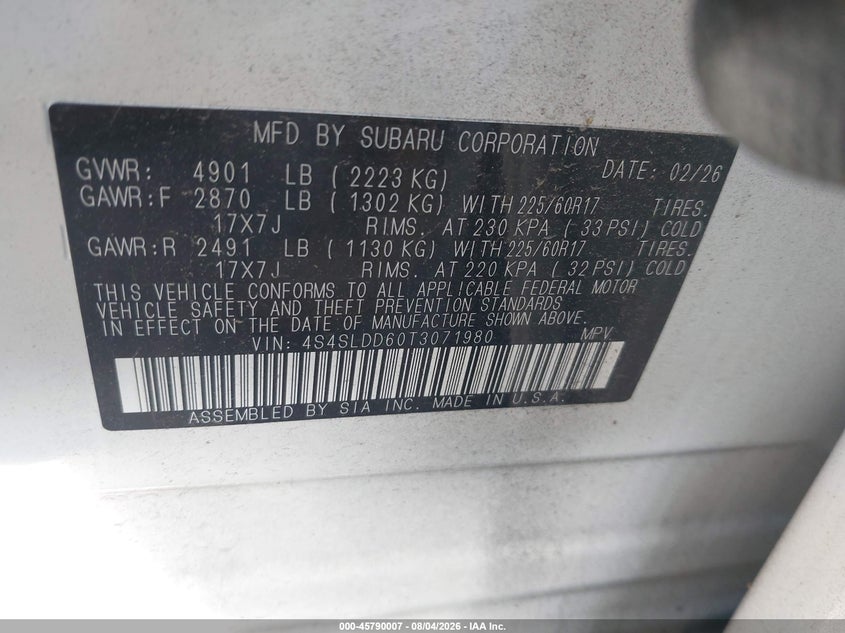 2026 Subaru Forester VIN 4S4SLDD60T3071980 IAAI salvage auction — FRONT END, Salvage Title, sold $11,050 on 2026-08-25 (photo 9)