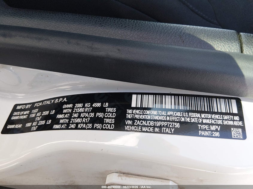 2023 Jeep Renegade VIN ZACNJDB19PPP72756 IAAI salvage auction — FRONT END, Salvage Title, sold $8,400 on 2026-08-12 (photo 9)