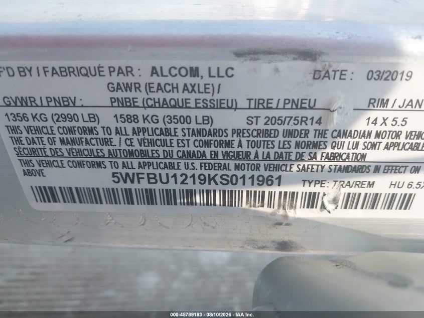 2019 Other Other VIN 5WFBU1219KS011961 IAAI salvage auction — SIDE, Regular (South Dakota), sold $1,225 on 2026-09-15 (photo 9)