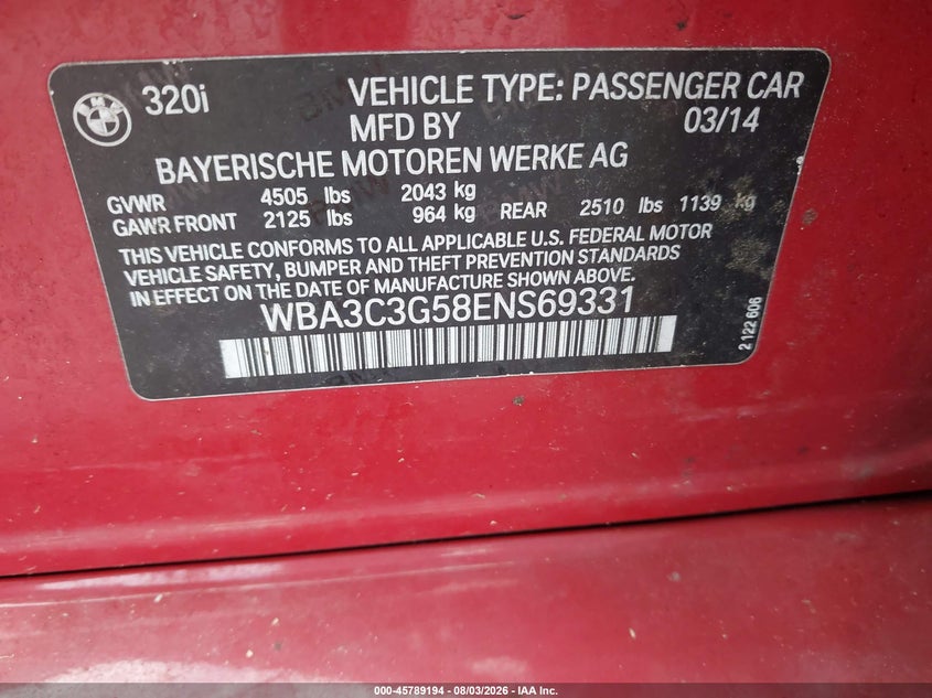2014 BMW 3er VIN WBA3C3G58ENS69331 IAAI salvage auction — NORMAL WEAR, Clear (Virginia), sold $1,400 on 2026-08-14 (photo 9)