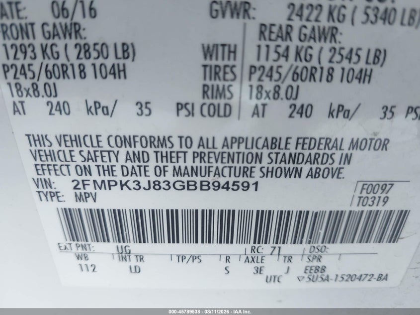 2016 Ford Edge VIN 2FMPK3J83GBB94591 IAAI salvage auction — SIDE, Wait Title, sold $1,900 on 2026-08-21 (photo 9)