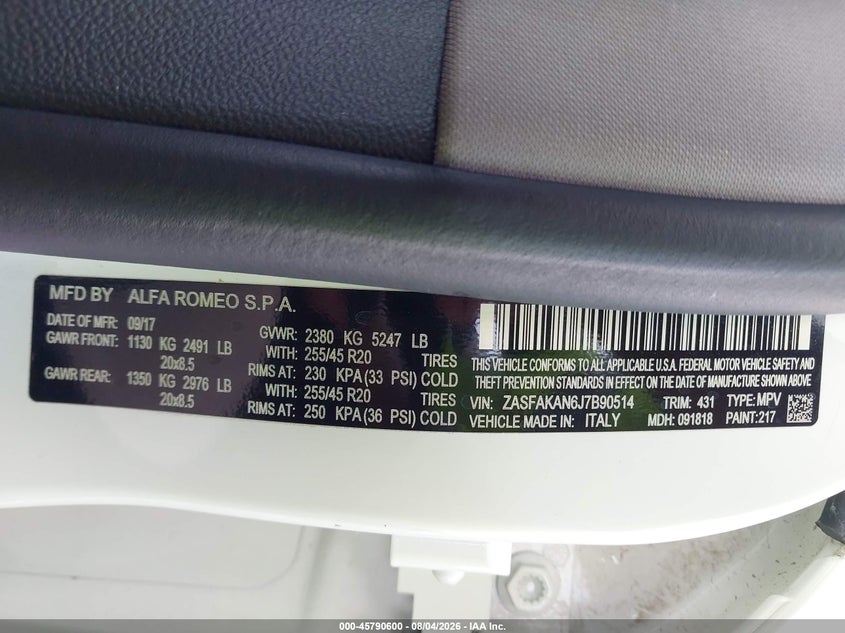 2018 Alfa romeo Stelvio VIN ZASFAKAN6J7B90514 IAAI salvage auction — NORMAL WEAR, Original (Texas), sold $8,150 on 2026-08-19 (photo 9)