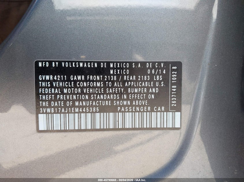 2014 Volkswagen Jetta VIN 3VWB17AJ1EM445385 IAAI salvage auction — NORMAL WEAR, Original (New Hampshire), sold $675 on 2026-08-19 (photo 9)