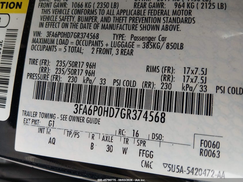 2016 Ford Fusion VIN 3FA6P0HD7GR374568 IAAI salvage auction — NORMAL WEAR, Clear (North Carolina), sold $475 on 2026-08-24 (photo 9)