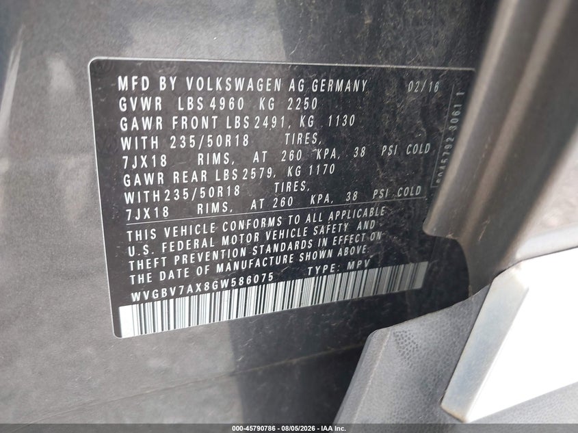 2016 Volkswagen Tiguan VIN WVGBV7AX8GW586075 IAAI salvage auction — NORMAL WEAR, Clear (Indiana), sold $1,650 on 2026-08-11 (photo 9)