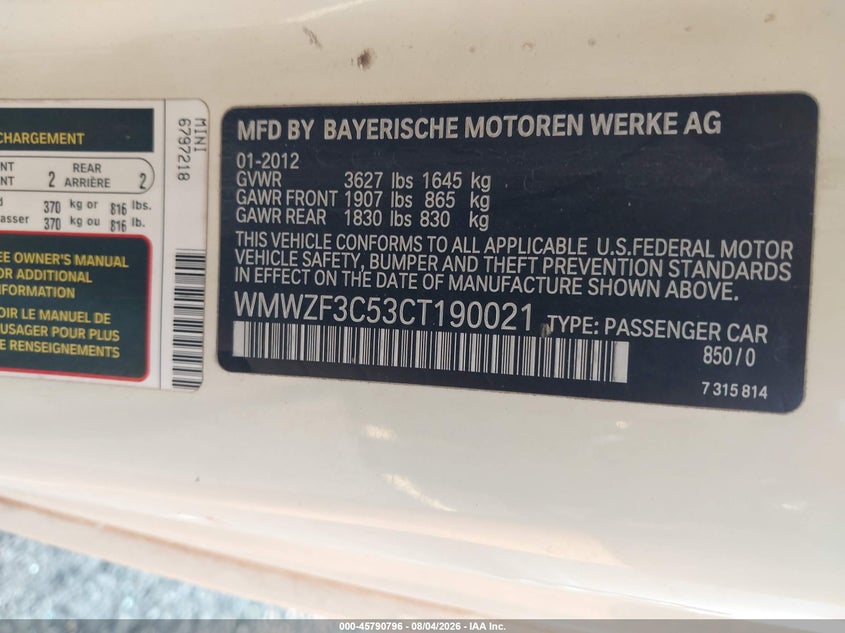 2012 Mini Clubman VIN WMWZF3C53CT190021 IAAI salvage auction — NORMAL WEAR, Clear (Louisiana), sold $400 on 2026-08-11 (photo 9)