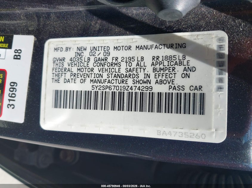 2009 Pontiac Vibe VIN 5Y2SP67019Z474299 IAAI salvage auction — NORMAL WEAR, Original (Texas), sold $275 on 2026-08-18 (photo 9)