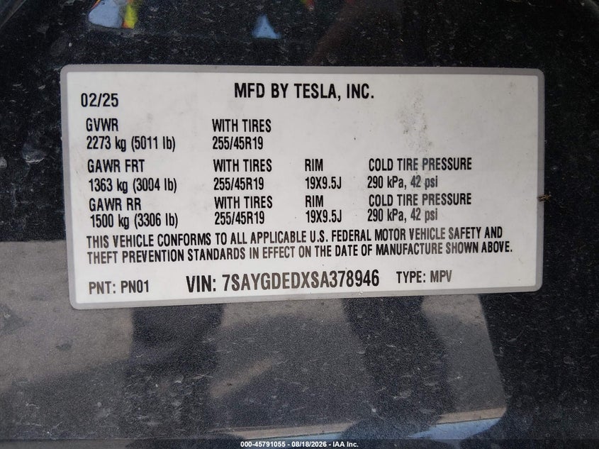2025 Tesla Model y VIN 7SAYGDEDXSA378946 IAAI salvage auction — FRONT END, Clear (Louisiana), sold $3,800 on 2026-09-08 (photo 9)