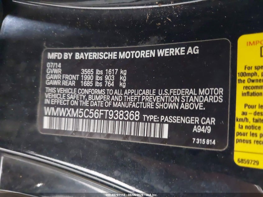 2015 Mini Hard top VIN WMWXM5C56FT938368 IAAI salvage auction — ENGINE DAMAGE, Clear (Florida), sold $275 on 2026-08-12 (photo 9)