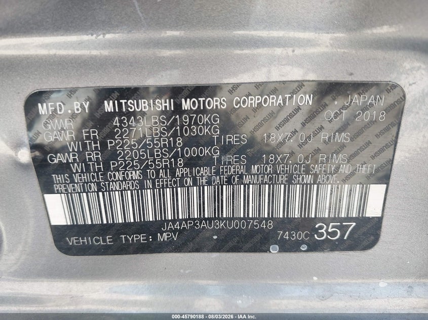 2019 Mitsubishi Outlander VIN JA4AP3AU3KU007548 IAAI salvage auction — SIDE, Salvage Title, sold $1,950 on 2026-09-17 (photo 9)