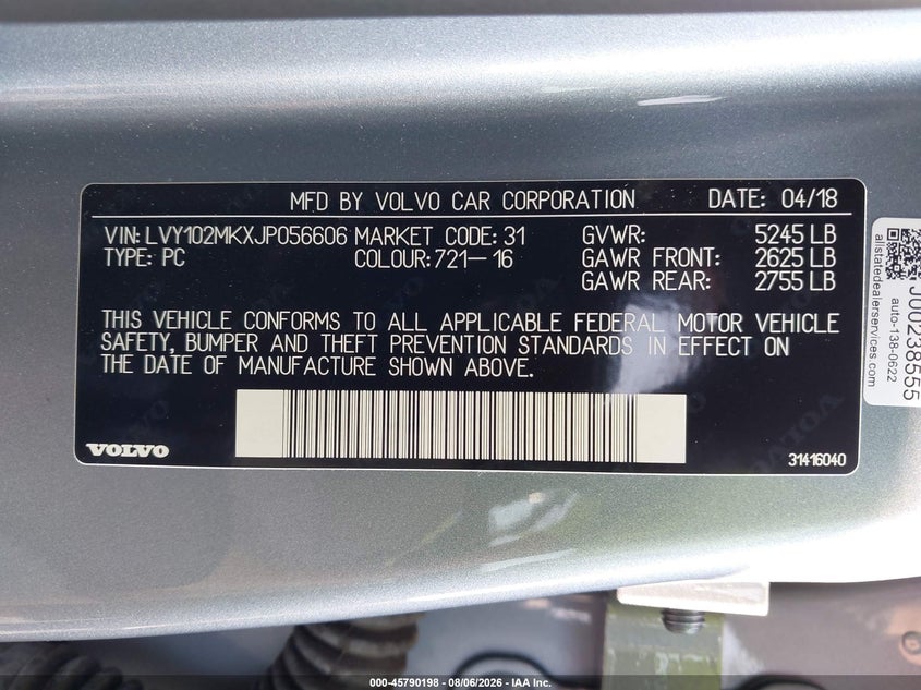 2018 Volvo S90 VIN LVY102MKXJP056606 IAAI salvage auction — SIDE, Bill Of Sale (Washington), sold $5,700 on 2026-08-20 (photo 9)