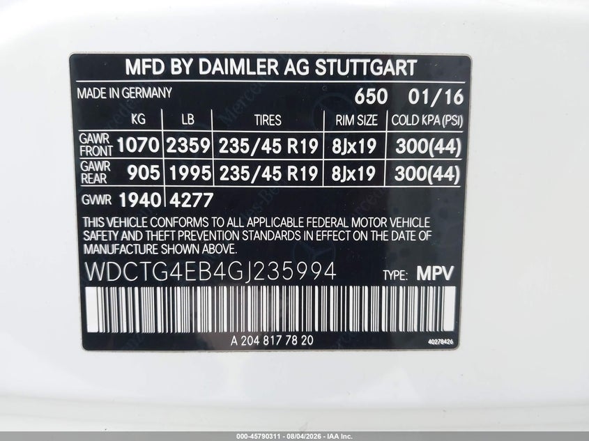 2016 Mercedes-benz Gla-class VIN WDCTG4EB4GJ235994 IAAI salvage auction — NORMAL WEAR, Clear (Texas), sold $2,500 on 2026-08-13 (photo 9)