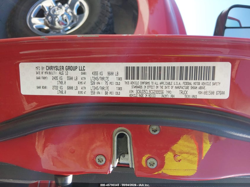 2012 Ram 2500 VIN 3C6UD5CL9CG289556 IAAI salvage auction — UNKNOWN, Salvage Title, sold $5,000 on 2026-08-22 (photo 9)