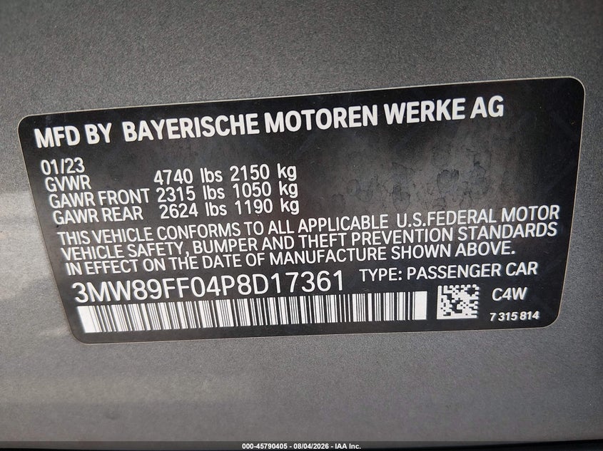 2023 BMW 3er VIN 3MW89FF04P8D17361 IAAI salvage auction — FRONT & REAR, Wait Title, sold $17,450 on 2026-09-24 (photo 9)
