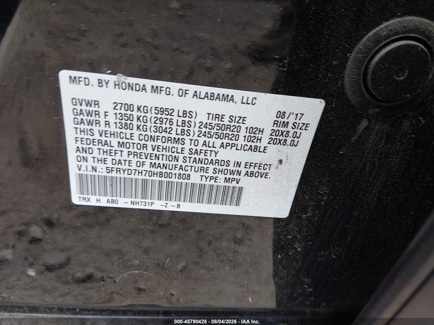 2017 Acura Mdx VIN 5FRYD7H70HB001808 IAAI salvage auction — FRONT END, Salvage (Texas), sold $3,650 on 2026-09-11 (photo 9)