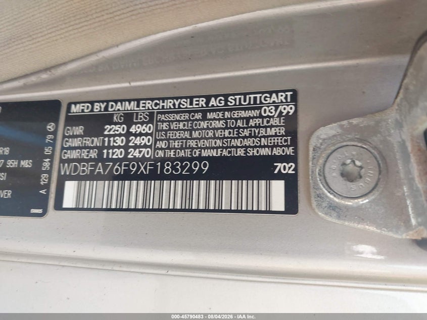 1999 Mercedes-benz Sl-class VIN WDBFA76F9XF183299 IAAI salvage auction — NORMAL WEAR, Original (Texas), sold $11,725 on 2026-08-19 (photo 9)