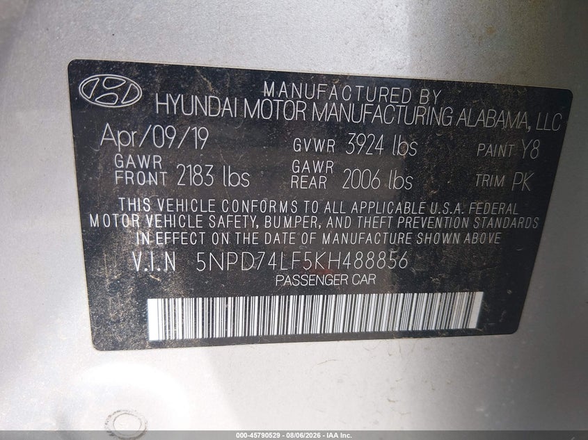 2019 Hyundai Elantra VIN 5NPD74LF5KH488856 IAAI salvage auction — REAR END, Salvage Title, sold $2,375 on 2026-09-21 (photo 9)