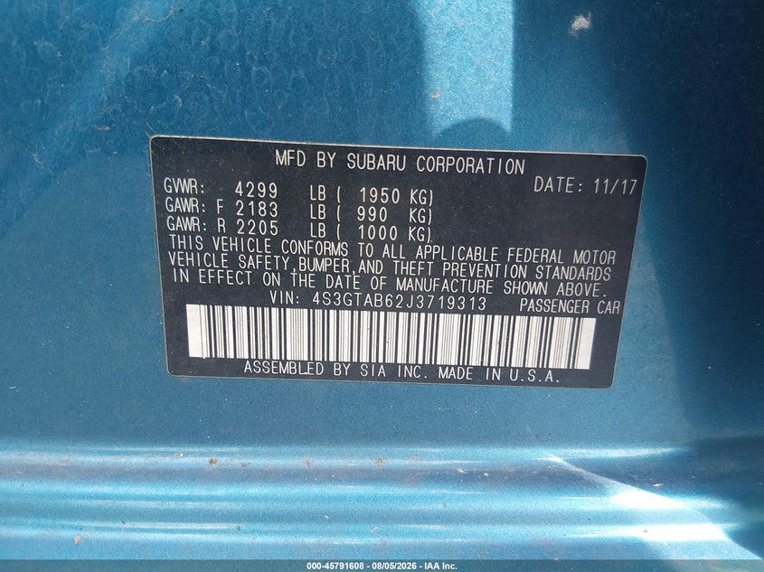 2018 Subaru Impreza VIN 4S3GTAB62J3719313 IAAI salvage auction — FRONT END, Salvage Title, sold $775 on 2026-08-31 (photo 9)