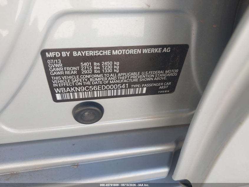 2014 BMW 5 series VIN WBAKN9C56ED000541 IAAI salvage auction — NORMAL WEAR, Original (Texas), sold $2,325 on 2026-09-06 (photo 9)