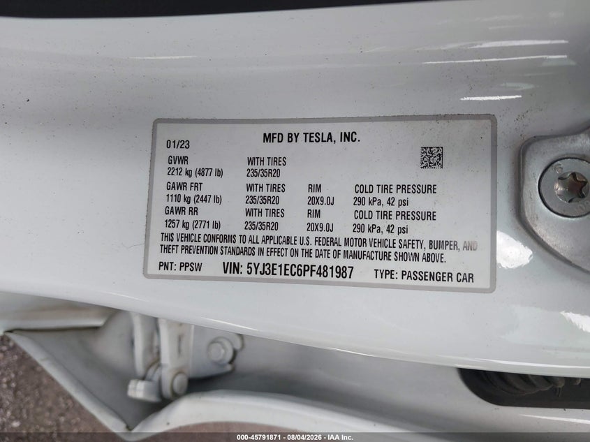 2023 Tesla Model 3 VIN 5YJ3E1EC6PF481987 IAAI salvage auction — FRONT END, Clear (Tennessee), sold $14,600 on 2026-08-27 (photo 9)