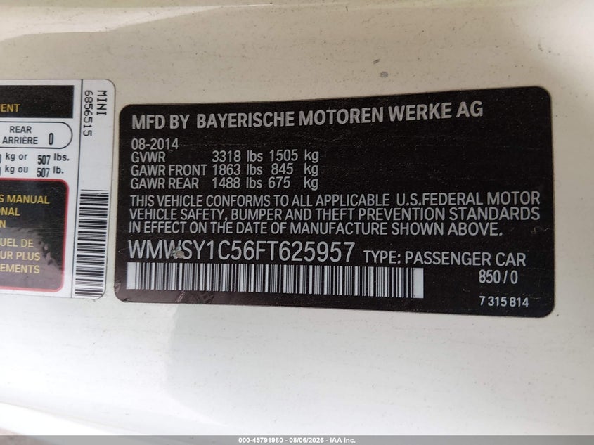 2015 Mini Roadster VIN WMWSY1C56FT625957 IAAI salvage auction — NORMAL WEAR, Clear (Arizona), sold $5,850 on 2026-08-18 (photo 9)