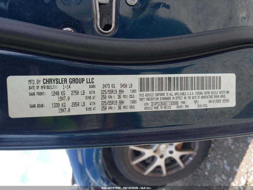 2014 Dodge Journey VIN 3C4PDCBG6ET193988 IAAI salvage auction — NORMAL WEAR, Repossession Paperwork (Georgia), sold $625 on 2026-08-29 (photo 9)