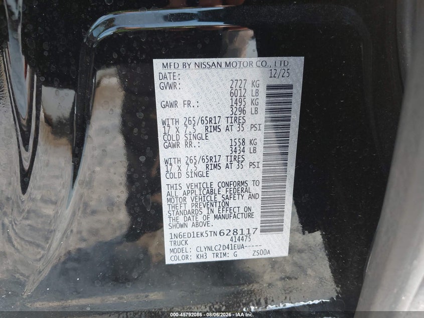 2026 Nissan Frontier VIN 1N6ED1EK5TN628117 IAAI salvage auction — ROLLOVER, Clear (Florida), sold $8,575 on 2026-08-13 (photo 9)