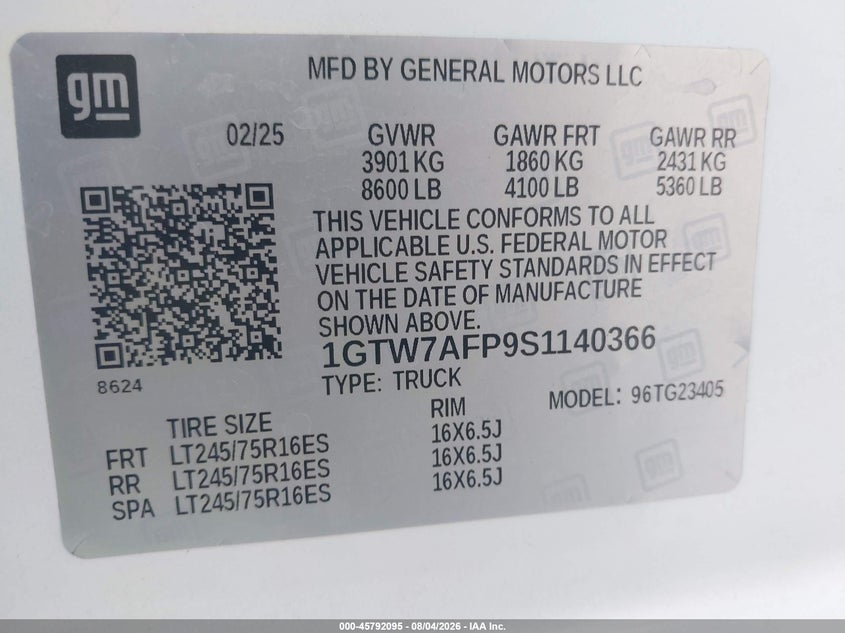 2025 Gmc Savana VIN 1GTW7AFP9S1140366 IAAI salvage auction — FRONT END, Clear (Nevada), sold $12,400 on 2026-08-14 (photo 9)