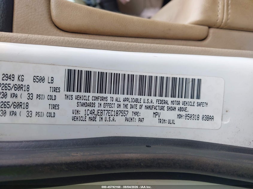 2014 Jeep Grand cherokee VIN 1C4RJEBT7EC187557 IAAI salvage auction — FRONT END, Salvage Title, sold $0 on 2026-09-26 (photo 9)