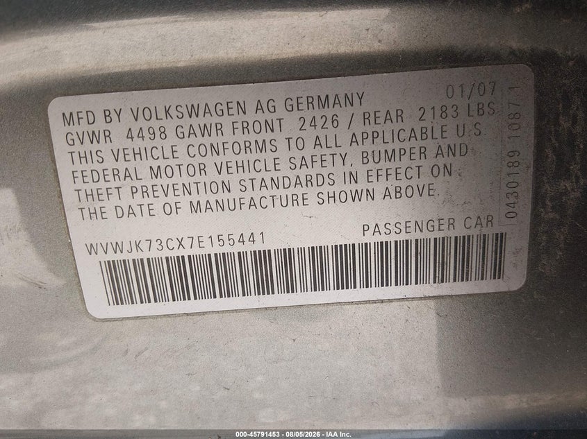2007 Volkswagen Passat VIN WVWJK73CX7E155441 IAAI salvage auction — NORMAL WEAR, Original (Texas), sold $250 on 2026-08-19 (photo 9)