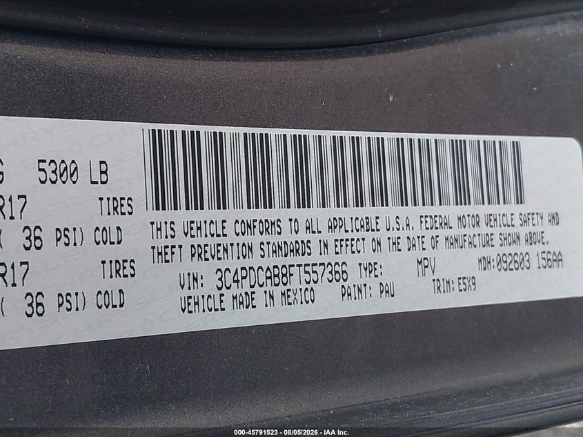 2015 Dodge Journey VIN 3C4PDCAB8FT557366 IAAI salvage auction — NORMAL WEAR, Clear (Maryland), sold $300 on 2026-08-14 (photo 9)