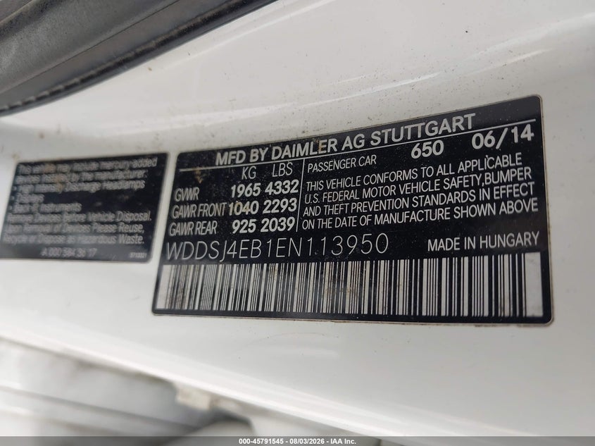 2014 Mercedes-benz Cla-klasse VIN WDDSJ4EB1EN113950 IAAI salvage auction — NORMAL WEAR, Clear (Georgia), sold $1,225 on 2026-08-18 (photo 9)