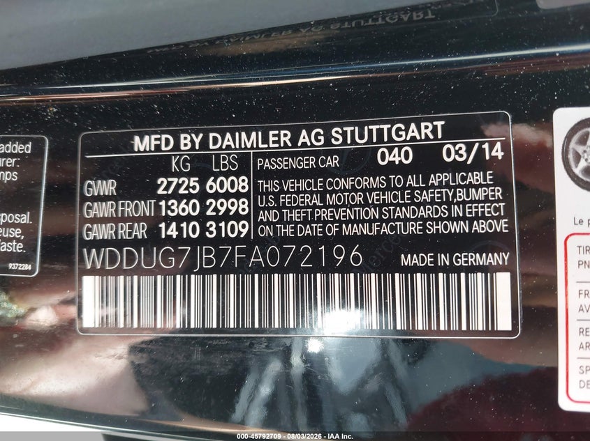 2015 Mercedes-benz S class VIN WDDUG7JB7FA072196 IAAI salvage auction — NORMAL WEAR, Salvage (Florida), sold $10,125 on 2026-08-06 (photo 9)